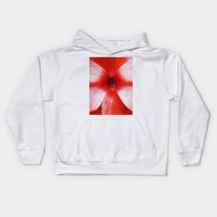 closeup macro photography of bright red and white dahlia bloom Kids Hoodie